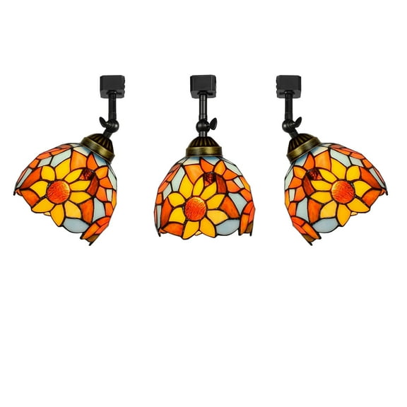 KAYYELAMP 3-Pack J-Type Track Head Lighting Adjustable Angle Tiffany Ceiling Light Colorful Glass Sunflowers Lampshade Handmade Track Light Fixture For Gallery Mirror Front