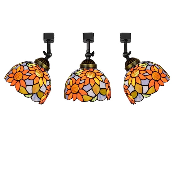 KAYYELAMP 3-Pack J-Type Track Head Lighting Adjustable Angle Tiffany Ceiling Light Colorful Glass Sunflowers Pattern Shade Handmade Track Light Fixture For Gallery Mirror Front