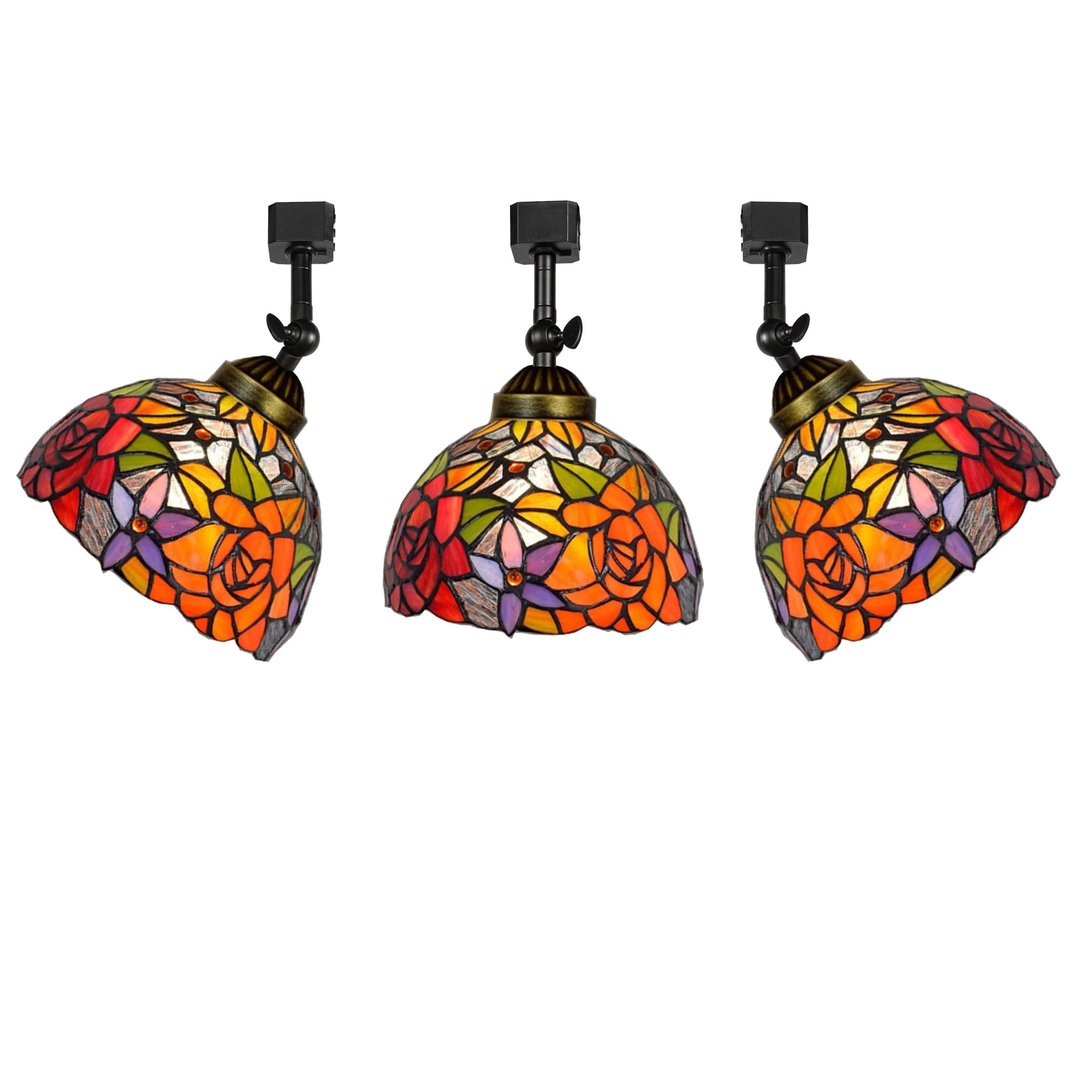 KAYYELAMP 3-Pack J-Type Track Head Lighting Adjustable Angle Tiffany Ceiling Light Colorful Rose Pattern Glass Shade Handmade Track Light Fixture For Gallery Mirror Front