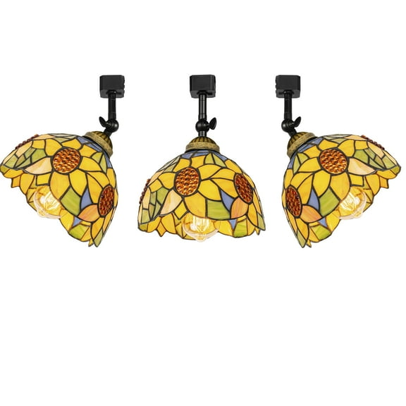 KAYYELAMP 3-Pack J-Type Track Head Lighting Adjustable Angle Tiffany Ceiling Light Colorful Sunflowers Pattern Glass Shade Handmade Track Light Fixture For Gallery Mirror Front