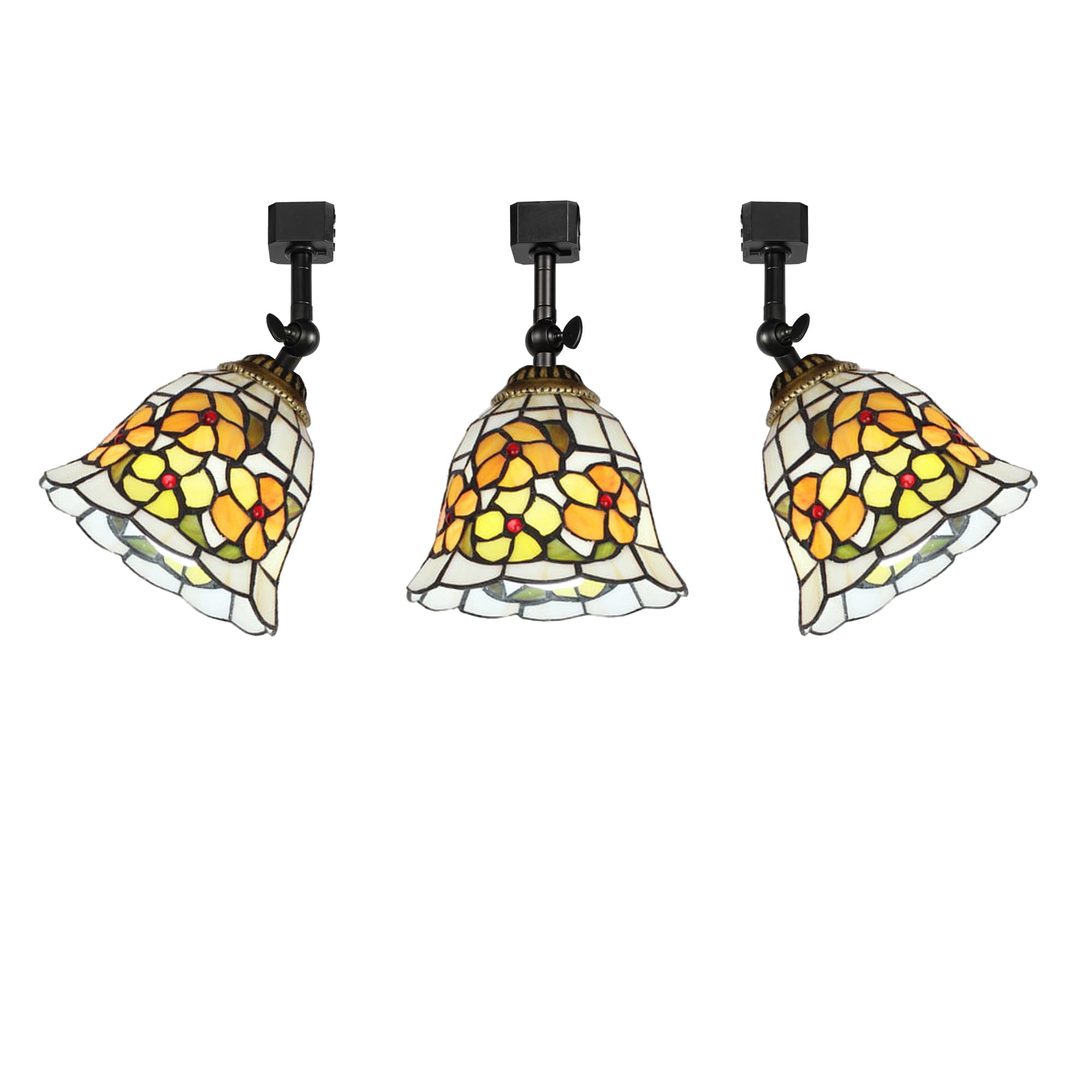 KAYYELAMP 3-Pack J-Type Track Head Lighting Adjustable Angle Tiffany Ceiling Light Flowers Pattern Glass Shade Handmade Track Light Fixture For Gallery Mirror Front