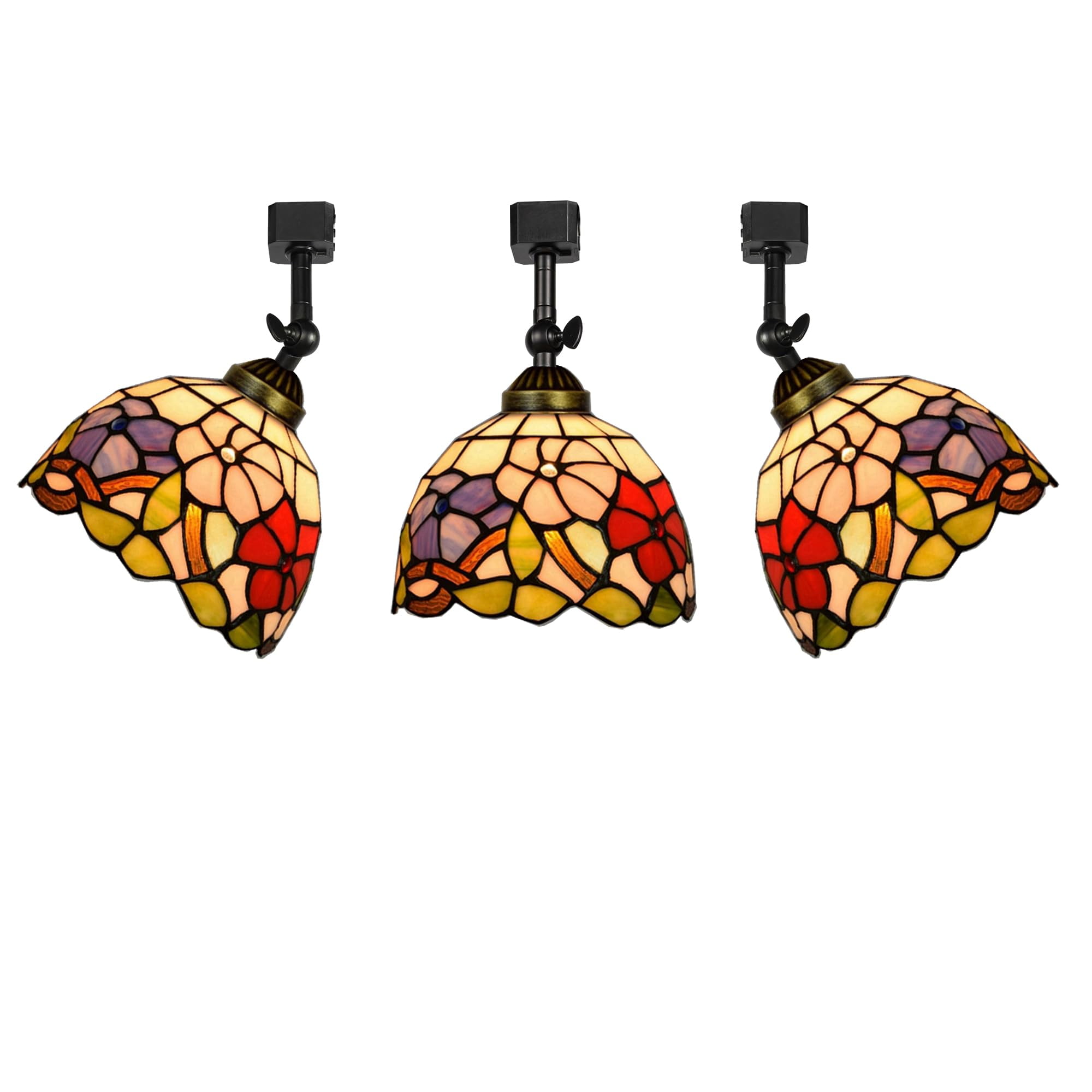 KAYYELAMP 3-Pack J-Type Track Head Lighting Adjustable Angle Tiffany Ceiling Light Morning Glory Colorful Glass Shade Handmade Track Light Fixture For Gallery Mirror Front