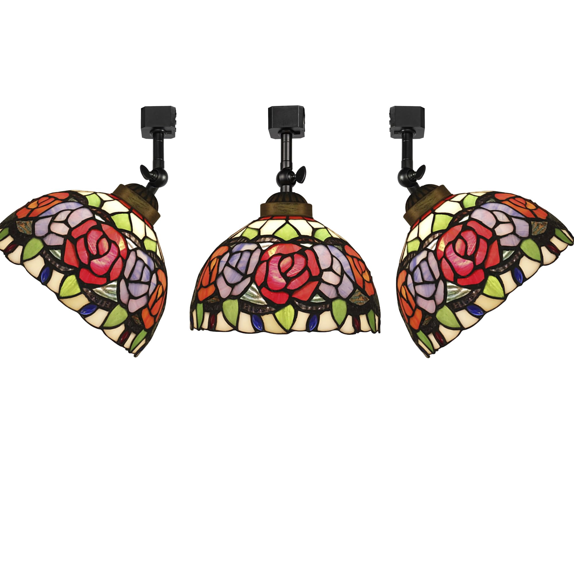 KAYYELAMP 3-Pack J-Type Track Head Lighting Adjustable Angle Tiffany Ceiling Light Multi-Color Rose Glass Shade Handmade Antique Track Light Fixture For Gallery Mirror Front