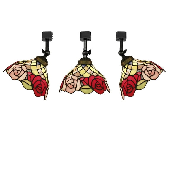 KAYYELAMP 3-Pack J-Type Track Head Lighting Adjustable Angle Tiffany Ceiling Light Red/Pink Rose Pattern Glass Shade Handmade Track Light Fixture For Gallery Mirror Front