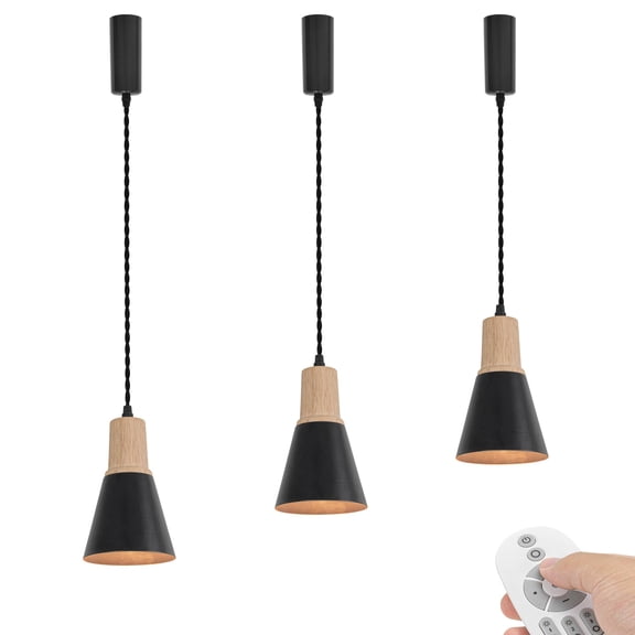 KAYYELAMP 3-Pack J-Type Track Mount Remote Dimmable Lighting Wood E26 Base Black Mini Metal Shade 3.2Ft Adjusted Cord Vintage Pendant Light for Kitchen Dining Table Loft(No Track)