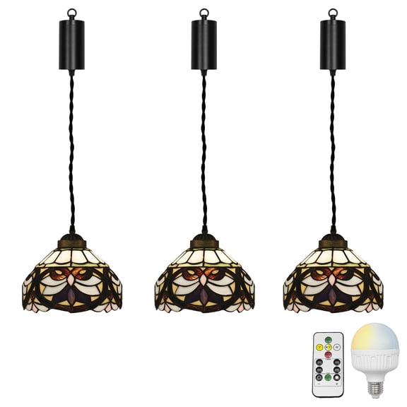 KAYYELAMP 3-Pack Rechargeable Battery Remote Control LED RGB Bulb Adjusted Cord Multi-Color Glass Shade Vintage Tiffany Handmade Pendant Light for Kitchen Sink Easy to Charge & Install