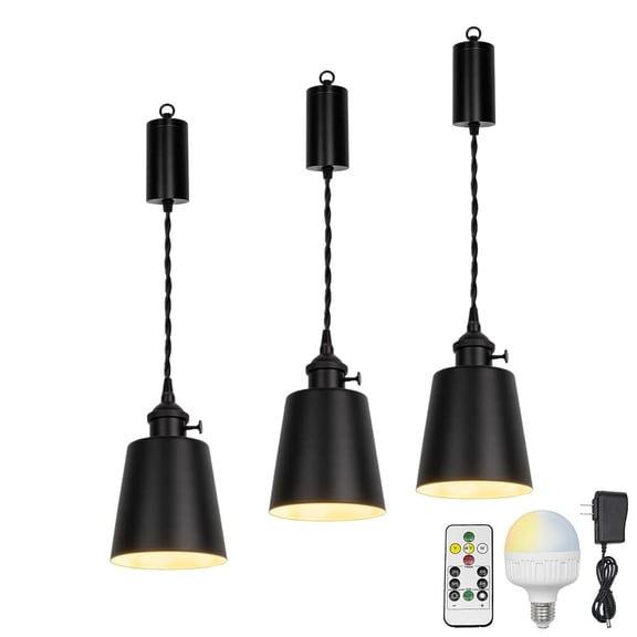 KAYYELAMP 3-Pack Remote Dimmable Rechargeable Battery 3.2Ft Adjustable Height Pendant Light Black Barrel Metal Lampshade Vintage Design for Home Kitchen Bedroom