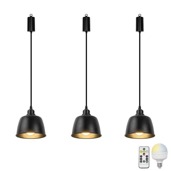 KAYYELAMP 3-Pack Remote LED Bulb Rechargeable Battery Adjusted Cord Hanging Light Dimming Timing Black Base Black Shade Simple Design for Kitchen Farmhouse
