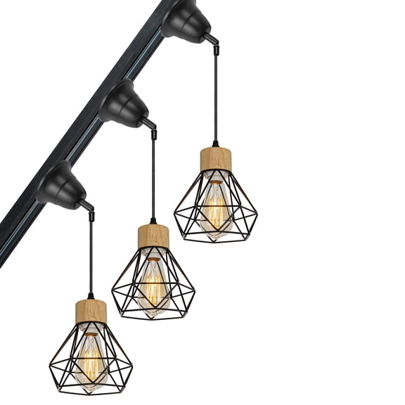 KAYYELAMP 3-Pack Slope Position Roof Track Light H-Type E26 Log Base Black Cage Metal Shade Adjusted Cord Vintage Pendant Lighting for Kitchen Bar Dining Room (No Bulb, Track)