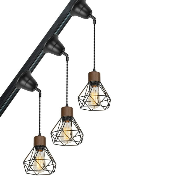 KAYYELAMP 3-Pack Slope Position Roof Track Light H-Type E26 Walnut Base Black Cage Metal Shade Adjusted Cord Vintage Pendant Lighting for Kitchen Bar Dining Room (No Bulb, Track)