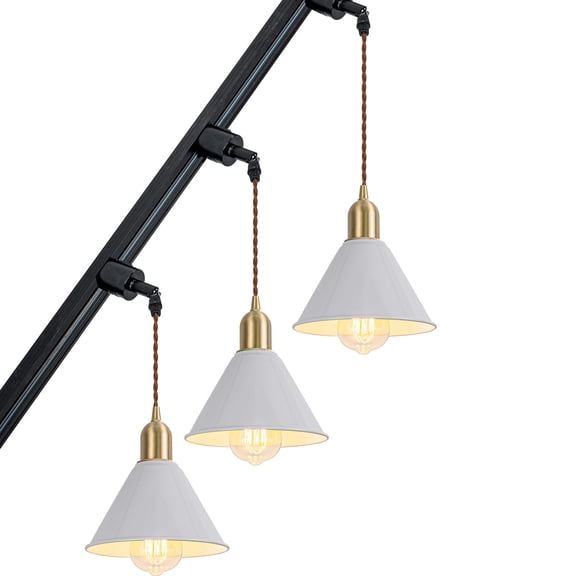 KAYYELAMP 3-Pack Slope Position Roof Track Light J-Type E26 Brass Base White Metal Shade 3.2 Ft Cord Modern Pendant Lighting for Kitchen Bar Dining Room (No Bulb, Track)