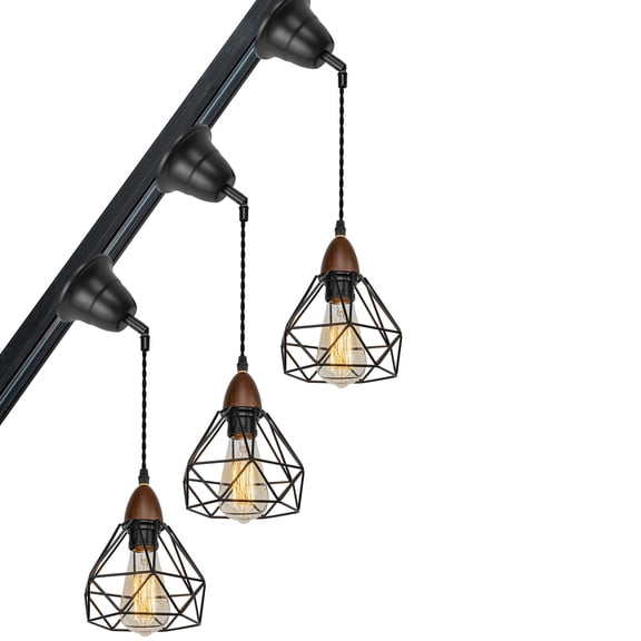 KAYYELAMP 3-Pack Slope Position Roof Track Light J-Type E26 Walnut Base Black Cage Metal Shade Adjusted Cord Retro Pendant Lighting for Kitchen Bar Dining Room (No Bulb, Track)