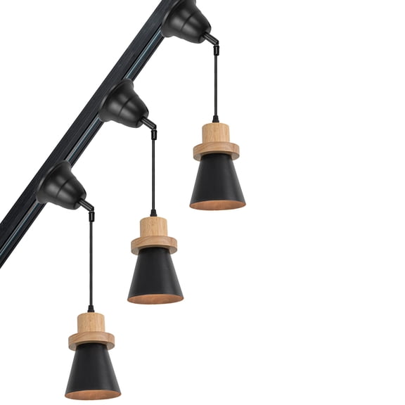 KAYYELAMP 3-Pack Slope Position Roof Track Light J-Type Wood Base Black Metal Shade Adjusted Cord Vintage Pendant Lighting for Kitchen Bar Dining Room (No Bulb, Track)