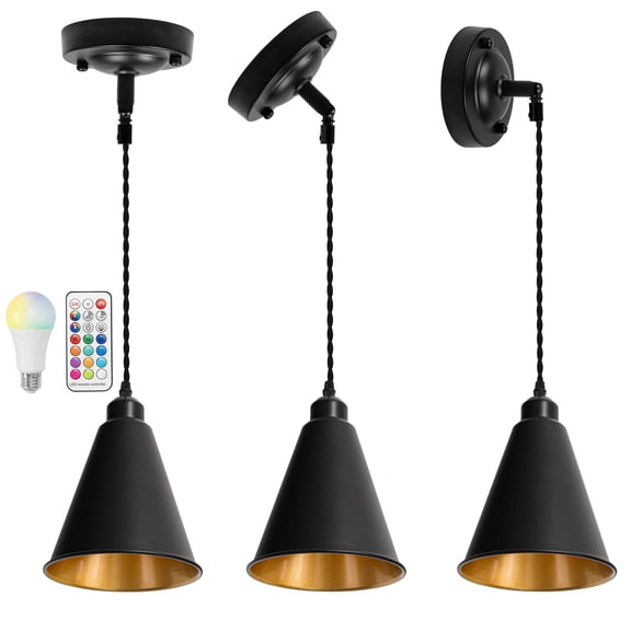 KAYYELAMP 3-Pack Sloped Position 3.2 Ft Adjusted Black Twisted Cord Ceiling Light Fixture E26 Base Inner Gold Cone Shade Black Vintage Remote Dimmable Hanging Lamp for Inclined Roof