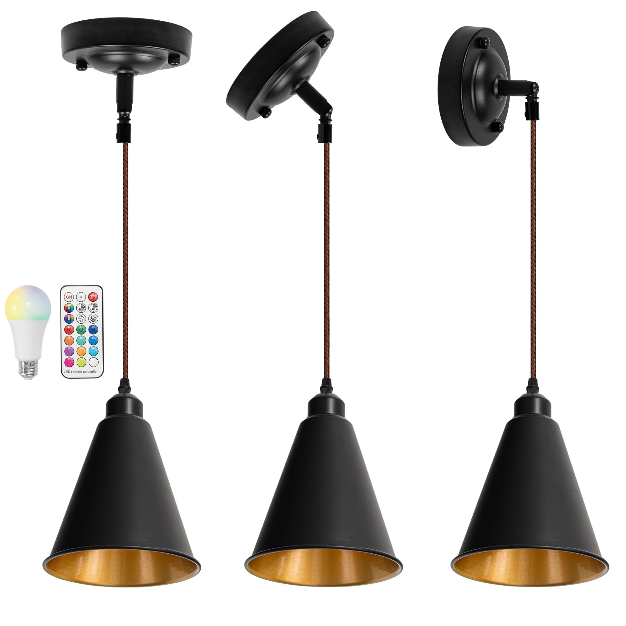 KAYYELAMP 3-Pack Sloped Position 3.2 Ft Adjusted Brown Cord Ceiling Light Fixture E26 Base Inner Gold Cone Shade Black Vintage Remote Dimmable Hanging Lamp for Inclined Roof