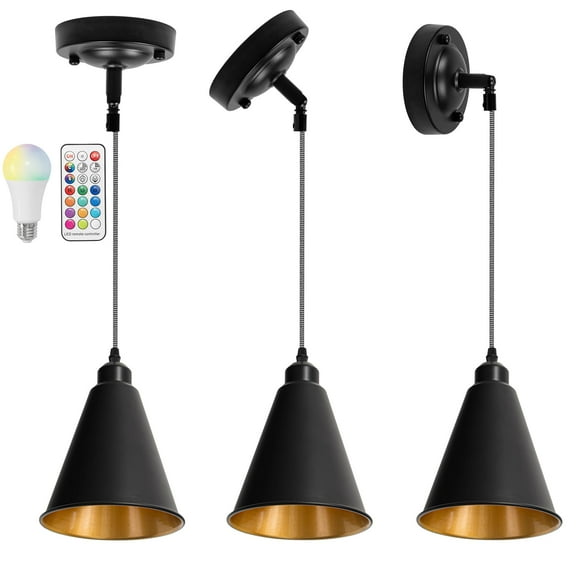 KAYYELAMP 3-Pack Sloped Position 3.2 Ft Adjusted Cord Ceiling Light Fixture E26 Base Inner Gold Cone Shade Black Vintage Remote Dimmable Hanging Lamp for Inclined Roof