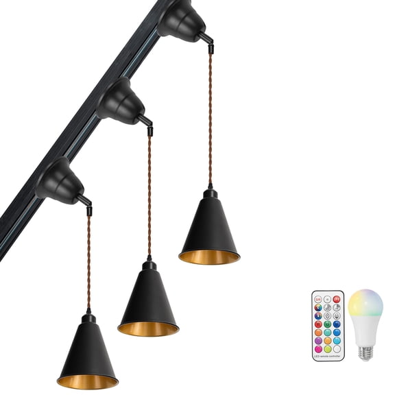 KAYYELAMP 3-Pack Tilt Position Track Lamp H-Type Black Metal Cone Shade Inner Gold 39.3 Inches Brown Twisted Adjusted Cord Remote RGB Warm Light Vintage Track Lighting for Sloping Space