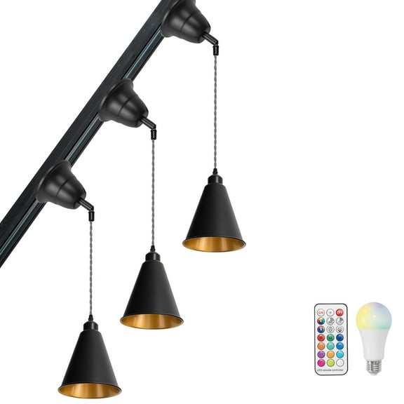 KAYYELAMP 3-Pack Tilt Position Track Lamp J-Type Black Metal Cone Shade Inner Gold 39.3 Inches Gray Twisted Adjusted Cord Remote RGB Warm Light Vintage Track Lighting for Sloping Space