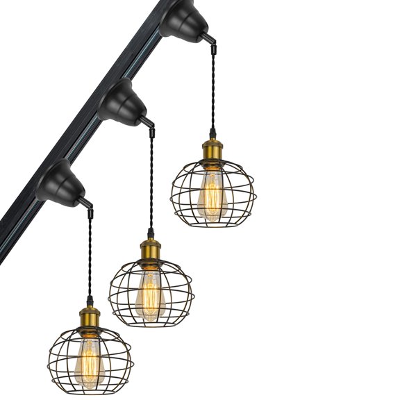 KAYYELAMP 3-Pack Tilt Position Track Light H-Type Black Metal Cage Adjusted Cord Track Mount Retro Pendant Light for Inclined Position Roof Room(No Bulb, Track)