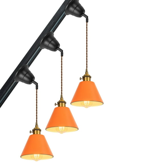 KAYYELAMP 3-Pack Tilt Position Track Light J-Type Gold Switch Base Orange Shade Adjusted Cord Retro Pendant Light for Inclined Position Roof(No Bulb, Track)