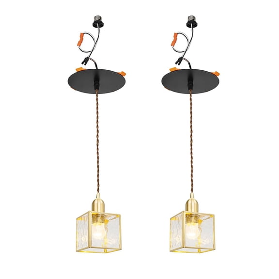 KAYYELAMP 3-Pack Vintage Brass Base Square Glass Shade Recessed Retrofit Pendant Lighting Conversion Kit E26 Power Connector 3.2 Ft Adjusted Cord Tiffany Hanging Lamp for Hallway Farmhouse
