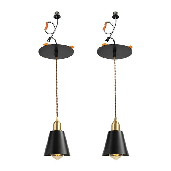 KAYYELAMP 3-Pack Vintage Industrial Brass Base Black Metal Mini Shade Recessed Retrofit Pendant Lighting Conversion Kit E26 Power Connector 3.2 Ft Adjusted Cord Hanging Lamp for Hallway Farmhouse