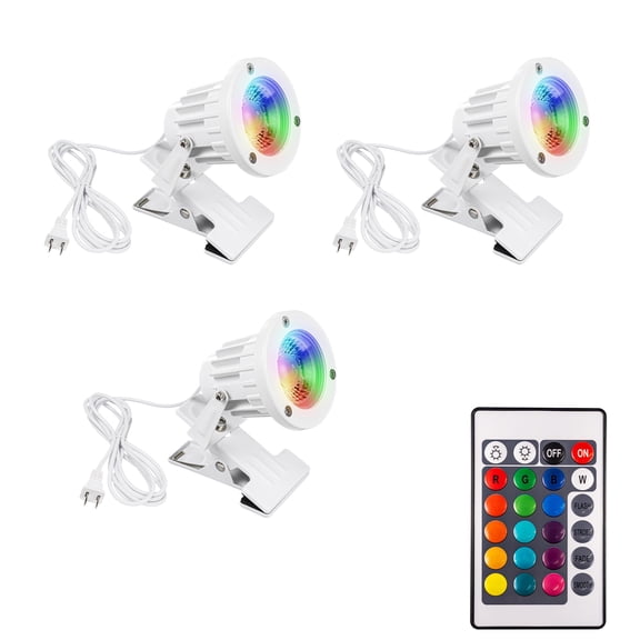 KAYYELAMP 3-Pack White Metal 10W RGB Color Change Spot Light Remote Clip Mount Adjusted Angle Dimmable Waterproof Clamp Accent Lighting 9.8 Feet Plug Cord for Stage Background Rental House