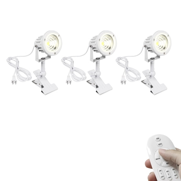 KAYYELAMP 3-Pack White Metal 7W Spot Light Remote Control Clip Mount Rotation Adjustment Angle Dimmable Waterproof Clamp Accent Lighting 9.8 Feet Plug Cord Modern Design for Background Rental House
