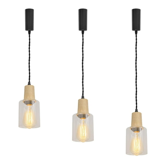 KAYYELAMP 3-Pack Wooden Base Clear Glass Shade L-Type Track Light E26 Base 3.9Ft Adjusted Cord Modern Design Hanging Lamp for Kitchen Sink Home(No Bulb, Track)