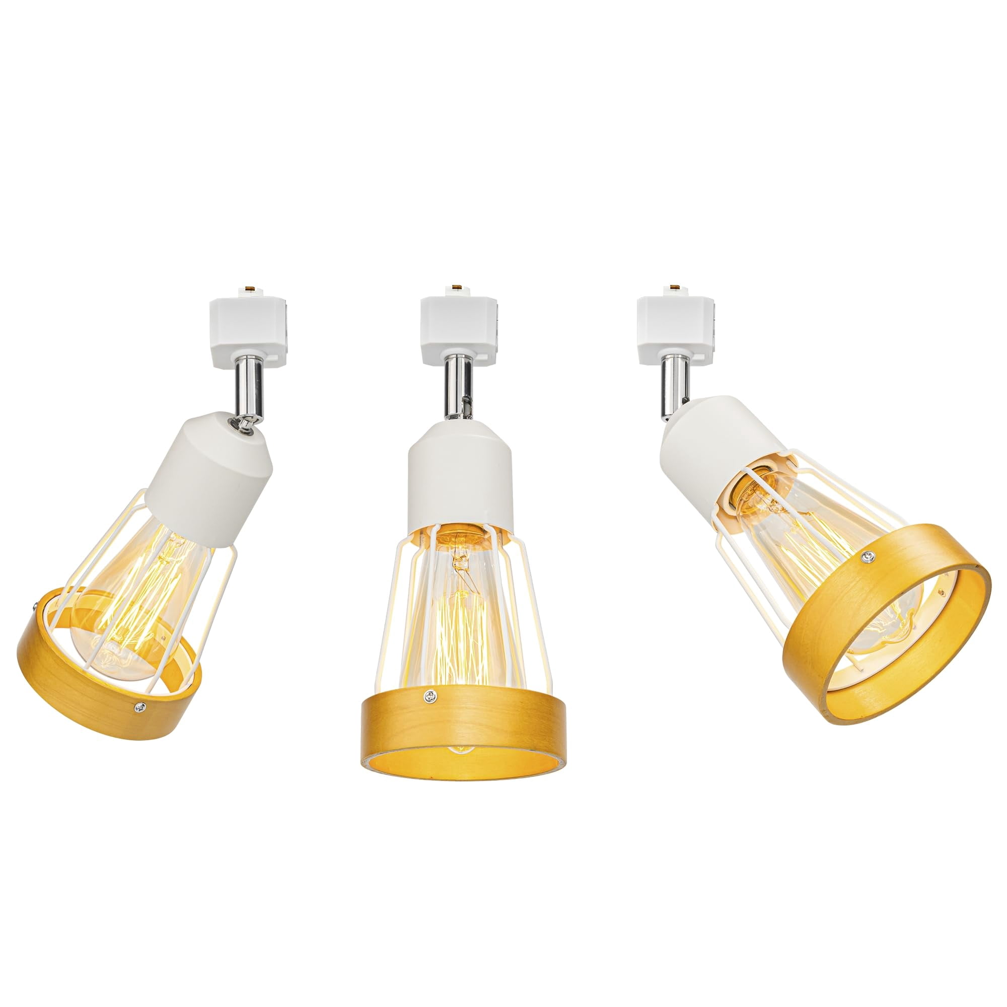KAYYELAMP 3 Pcs Adjustable Angle J-Type Retro Style Track Head Lighting E26 Base Wood Metal White Track Ceiling Lamp For Kitchen Aisle Home Office(No Bulb)