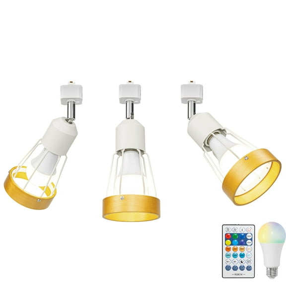 KAYYELAMP 3 Pcs Adjustable Angle J-Type Track Head Lighting Wood Metal White Track Ceiling Lamp Dimmable RGB Fixture Vintage Design For Kitchen Party Home Office(No Track)