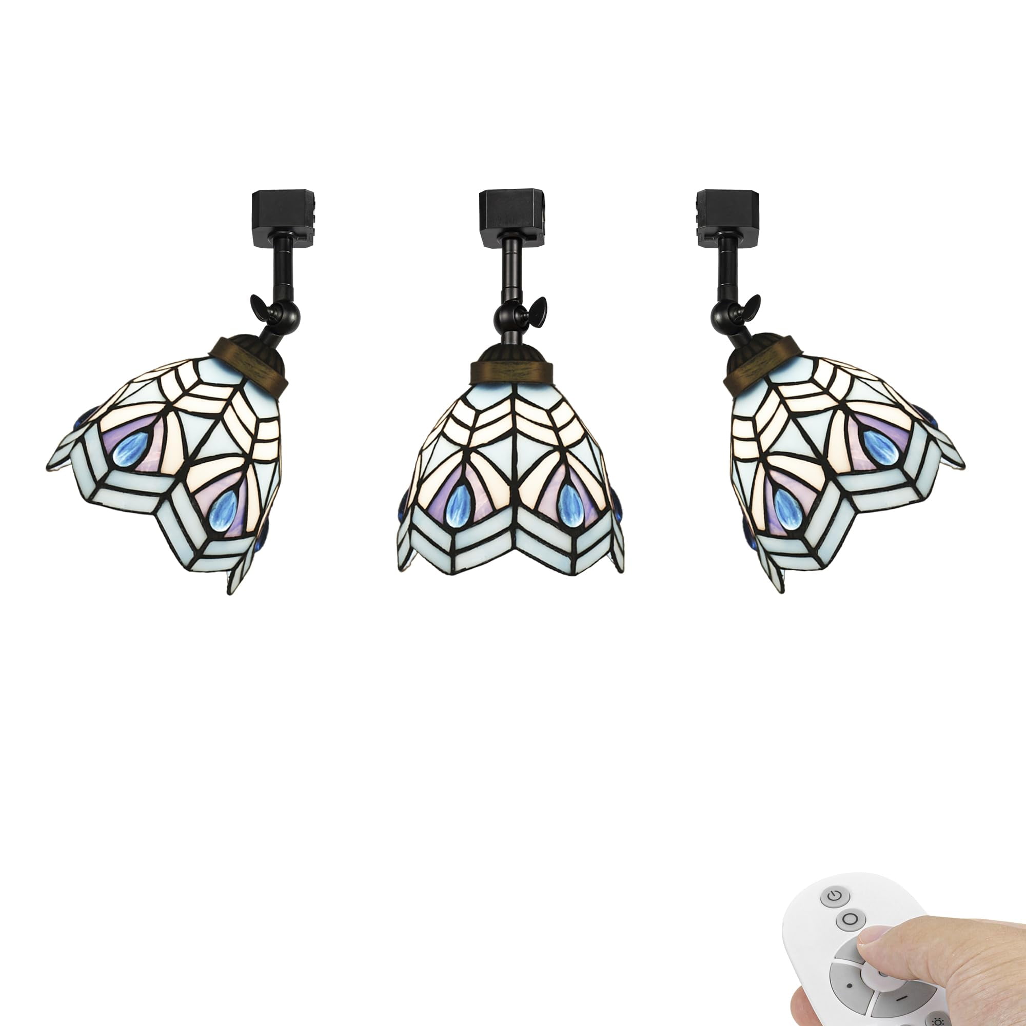 KAYYELAMP 3 Pcs Dimmable J-Type Track Head Lighting Adjustable Angle Tiffany Ceiling Light Blue Glass Shade Handmade Pastoral Style Antique Track Light Fixture For Gallery Mirror Front(No Track)