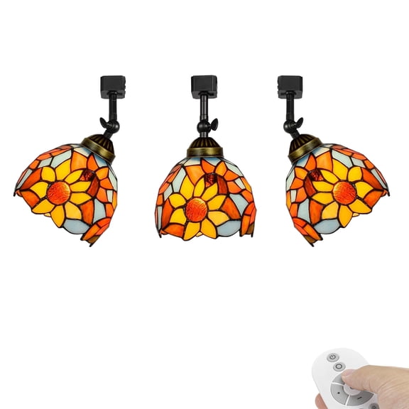 KAYYELAMP 3 Pcs Dimmable J-Type Track Head Lighting Adjustable Angle Tiffany Ceiling Light Colorful Glass Sunflowers Lampshade Handmade Track Light Fixture For Gallery Mirror Front(No Track)