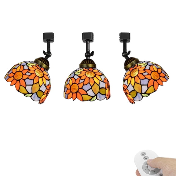 KAYYELAMP 3 Pcs Dimmable J-Type Track Head Lighting Adjustable Angle Tiffany Ceiling Light Colorful Glass Sunflowers Pattern Shade Handmade Track Light Fixture For Gallery Mirror Front(No Track)