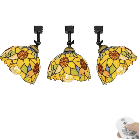 KAYYELAMP 3 Pcs Dimmable J-Type Track Head Lighting Adjustable Angle Tiffany Ceiling Light Colorful Sunflowers Pattern Glass Shade Handmade Track Light Fixture For Gallery Mirror Front(No Track)