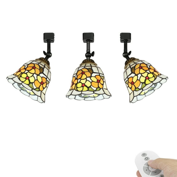 KAYYELAMP 3 Pcs Dimmable J-Type Track Head Lighting Adjustable Angle Tiffany Ceiling Light Flowers Pattern Glass Shade Handmade Track Light Fixture For Gallery Mirror Front(No Track)