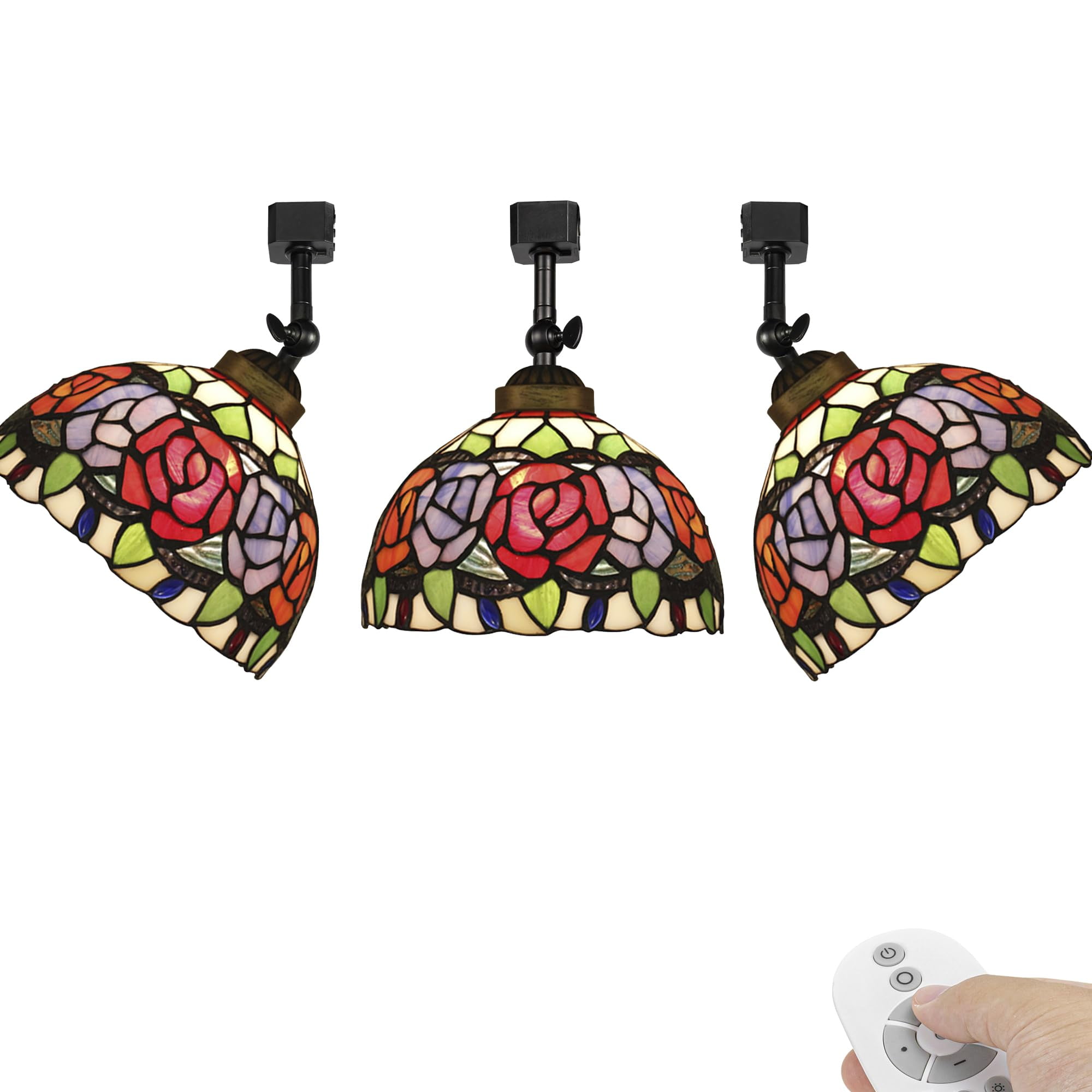 KAYYELAMP 3 Pcs Dimmable J-Type Track Head Lighting Adjustable Angle Tiffany Ceiling Light Multi-Color Rose Glass Shade Handmade Antique Track Light Fixture For Gallery Mirror Front(No Track)