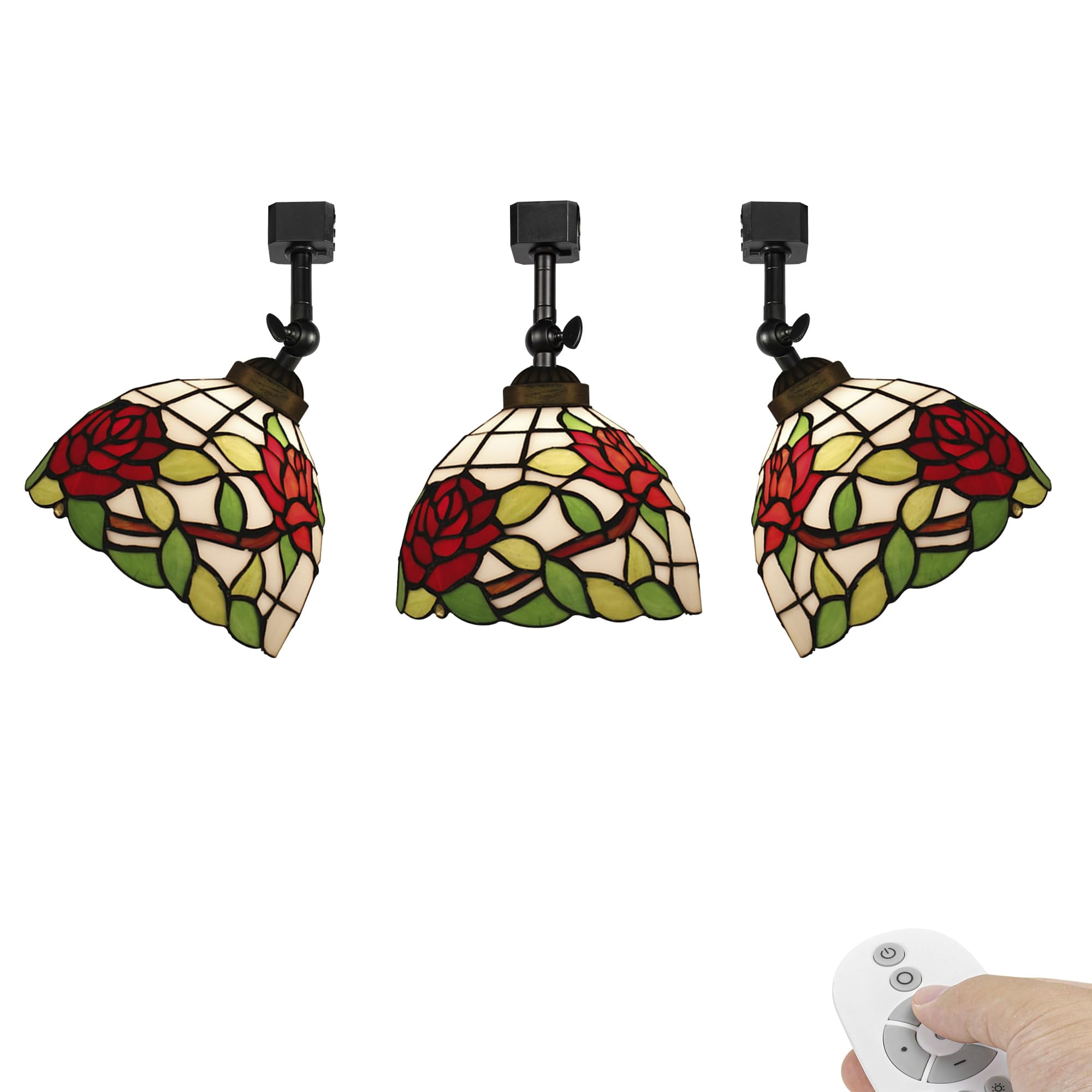 KAYYELAMP 3 Pcs Dimmable J-Type Track Head Lighting Adjustable Angle Tiffany Ceiling Light Red Rose/Leaf Glass Shade Handmade Track Light Fixture For Gallery Mirror Front(No Track)