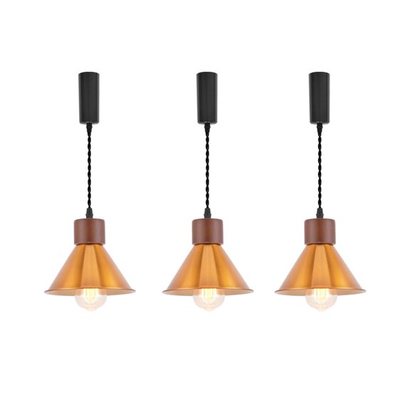 KAYYELAMP 3 Pcs Vintage Gold Shade Walnut Base H-Type Track Hanging Light Adjusted Wire Length 3.9ft Industrial Lamp for Loft Kitchen Balcony(No Bulb, Track)