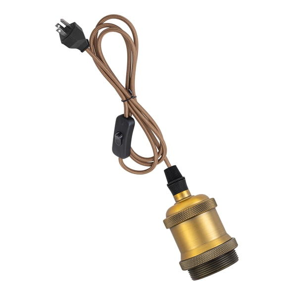 KAYYELAMP 3-Prong 15Ft Plug in Brown Weave Rope Corded Pendant Light With Matt Brass Finish E26 Base Vintage Hanging Lamp For Kitchen Corner(No Bulb)