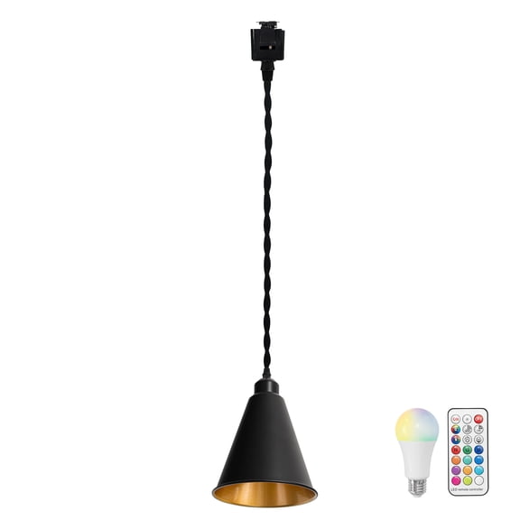 KAYYELAMP 39.3 Inches Black Twisted Cord Track Hanging Light J-Type Gold Inner Cone Shade Remote Dimmable Track Pendant Light for Kitchen Sink Loft Stairs
