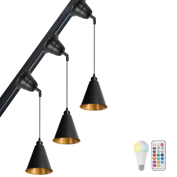 KAYYELAMP 39.3 Inches Black & White Wave Braided Adjusted Cord Slope Position Roof Gold Inner Cone Shade J-Type Set of Three Remote Dimmable Track Pendant Light for Loft Stairs