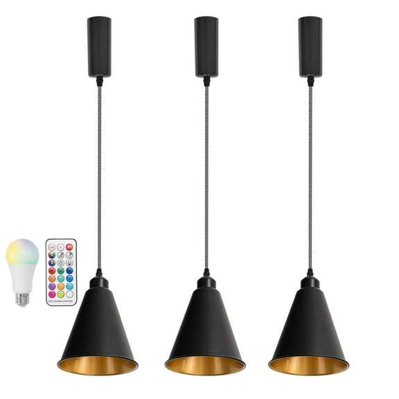 KAYYELAMP 39.3 Inches Black and White Wave Braided Adjusted Cord Track Hanging Light H-Type Gold Inner Cone Shade Set of Three Remote Dimmable Track Pendant Light for Kitchen Stairs