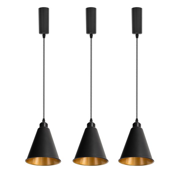 KAYYELAMP 39.3 Inches Black and White Wave Braided Adjusted Cord Track Hanging Light J-Type Gold Inner Cone Shade Set of Three Track Pendant Light for Kitchen Stairs(No bulb, Track)