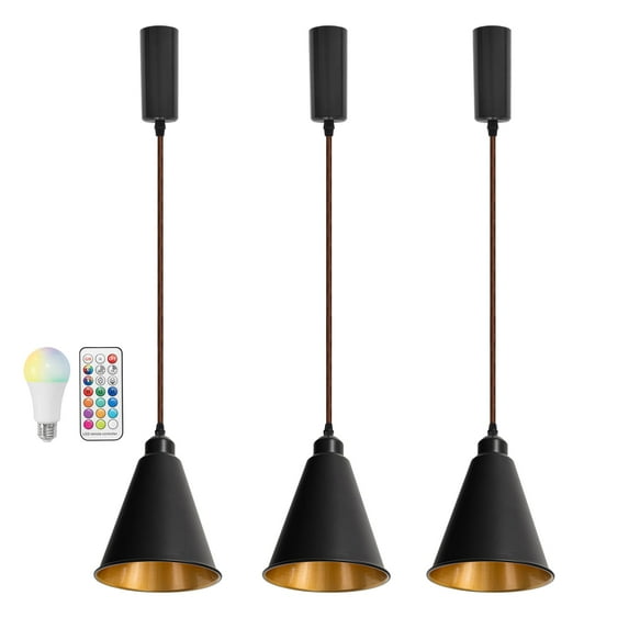 KAYYELAMP 39.3 Inches Brown Adjusted Cord Track Hanging Light J-Type Gold Inner Cone Shade Set of Three Remote Dimmable Track Pendant Light for Kitchen Stairs
