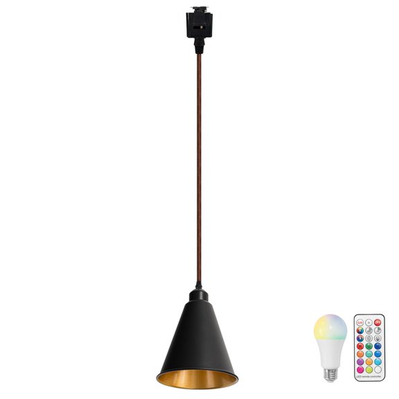 KAYYELAMP 39.3 Inches Brown Cord Track Hanging Light J-Type Gold Inner Cone Shade Remote Dimmable Track Pendant Light for Kitchen Sink Loft Stairs