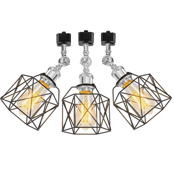 KAYYELAMP 3Pcs Compatible H-Type Tracking Light Head Chrome Modern Pendant Adjustable Angle Black Metal Cage Track Ceiling Mount for Kitchen Gallery(No Track, Bulb)