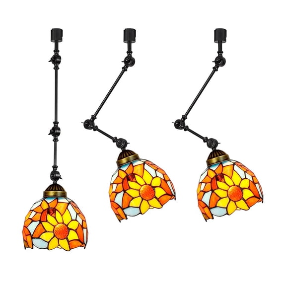 KAYYELAMP 3Pcs H-Type Track Head Lighting Adjust Angle Tiffany Ceiling Lamp Art Handmade Colorful Sunflowers Pattern Glass Shade Black Metal Track Light for Gallery Store(No Bulb, Track)