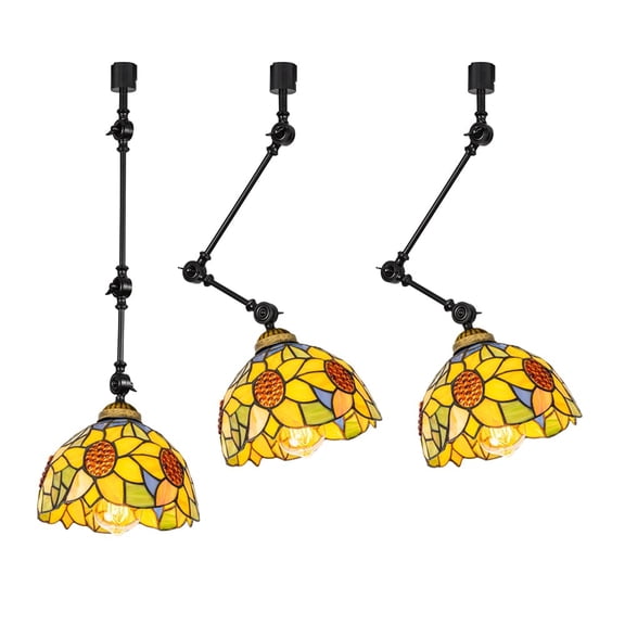 KAYYELAMP 3Pcs J-Type Track Head Lighting Adjustable Angle Tiffany Ceiling Lamp Art Handmade Colorful Sunflowers Pattern Glass Black Metal Track Light for Gallery Store(No Bulb, Track)