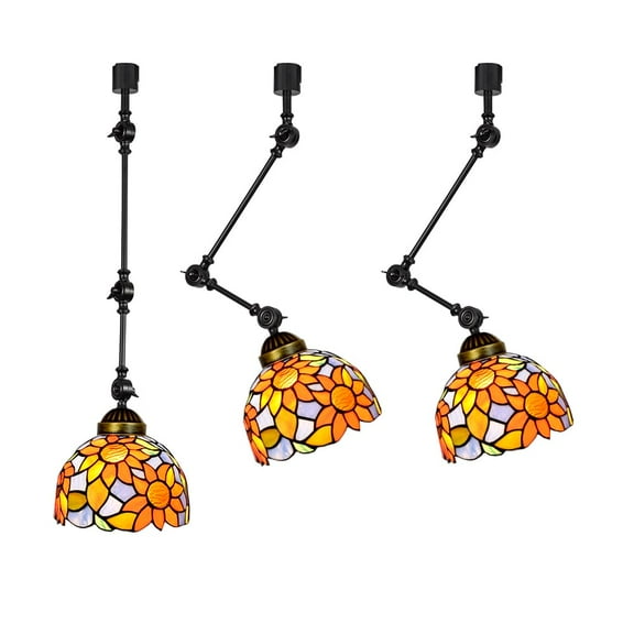 KAYYELAMP 3Pcs J-Type Track Head Lighting Adjustable Angle Tiffany Ceiling Lamp Art Handmade Sunflowers Pattern Glass Black Metal Track Light for Gallery Store(No Bulb, Track)